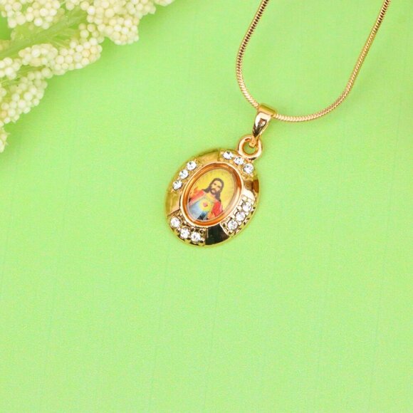 "Sacred Heart Rose Gold Pendant with Crystals – Religious Jewelry, XPPT1737 - Picture 2 of 13